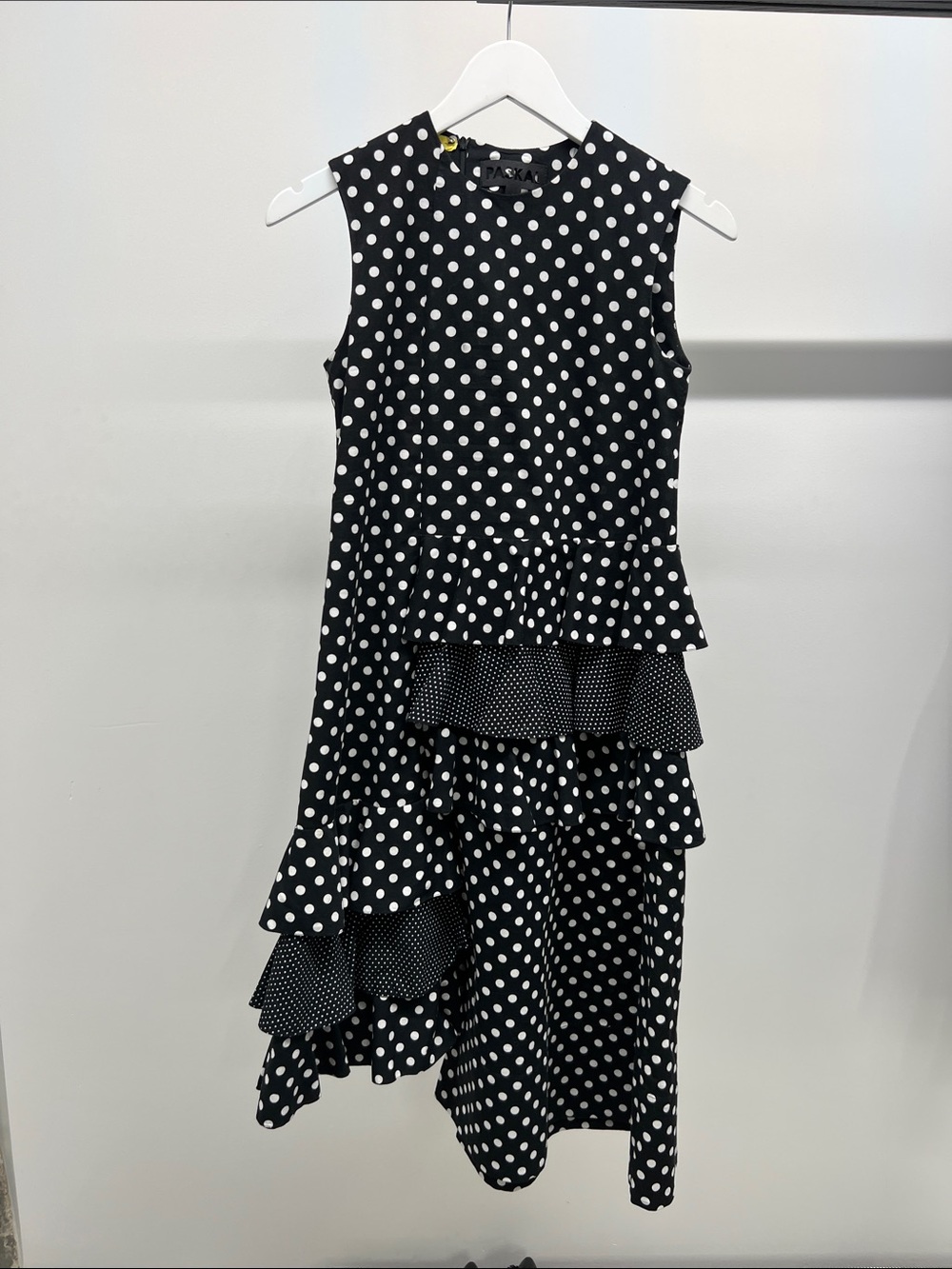PASKAL Black and White Polka Dot Asymmetrical Ruffle Dress